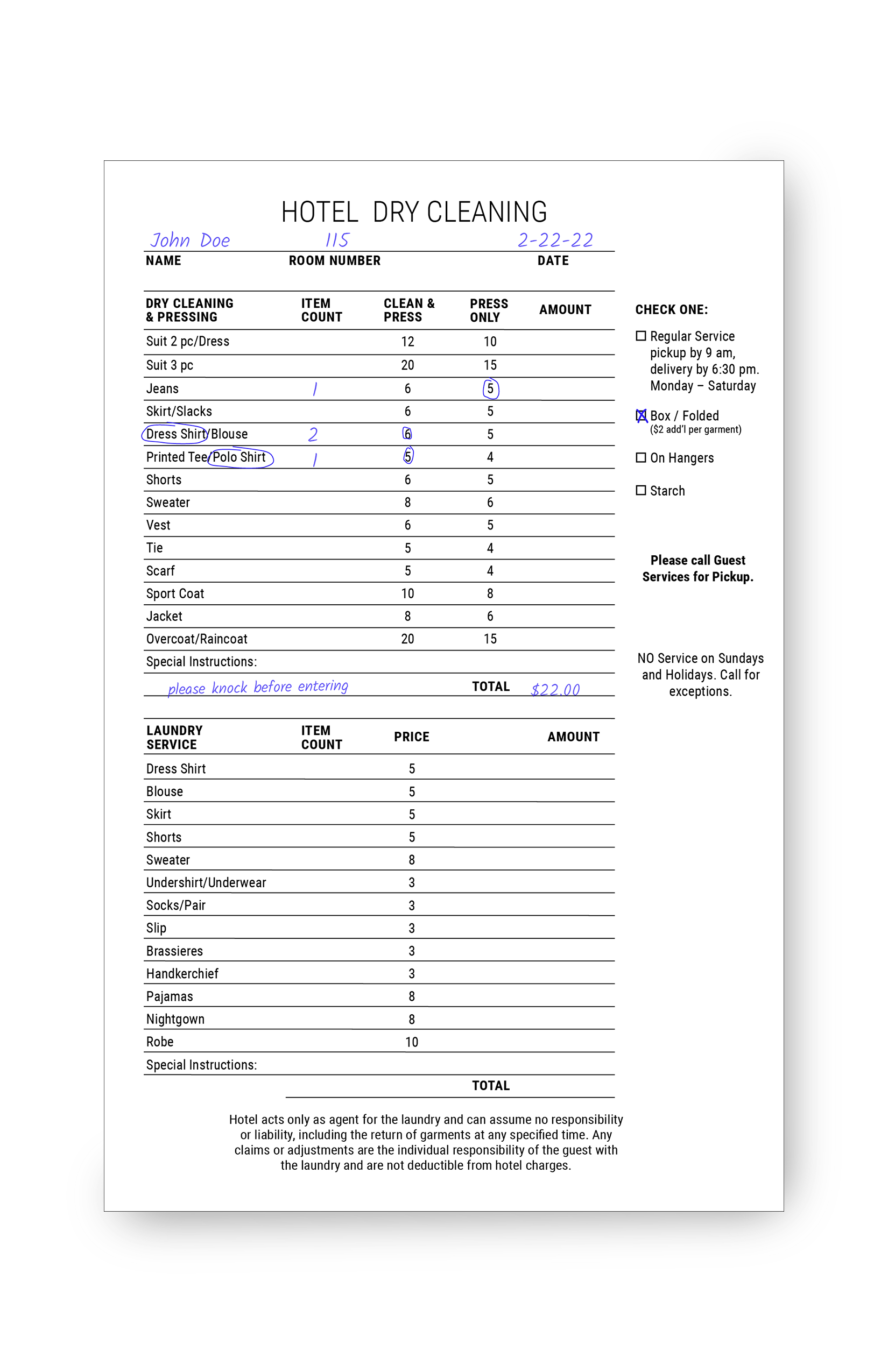 Filled out hotel laundry form